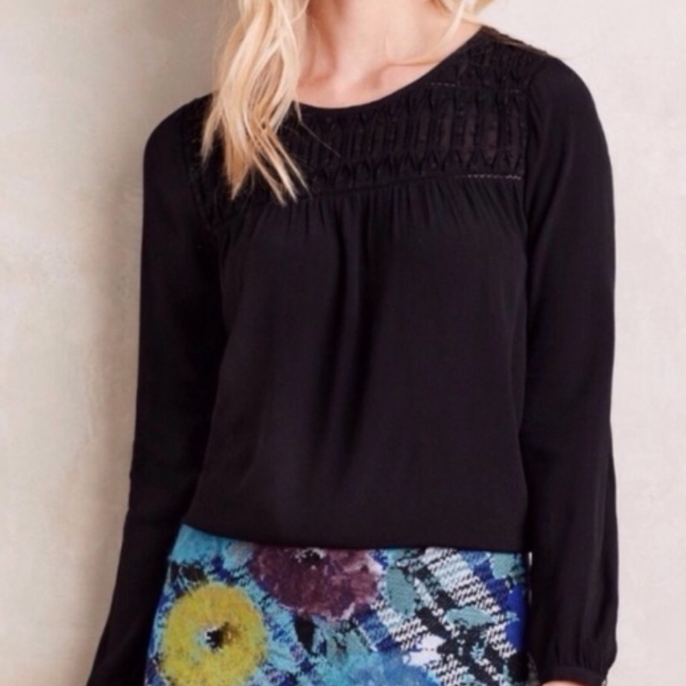 Anthropologie Meadow Rue Vivie Black Dot Smocked Blouse